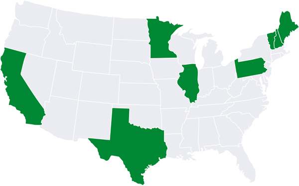 Fidium map of service area: California, Illinois, Maine, Minnesota, New Hampshire, Pennsylvania, Texas and Vermont